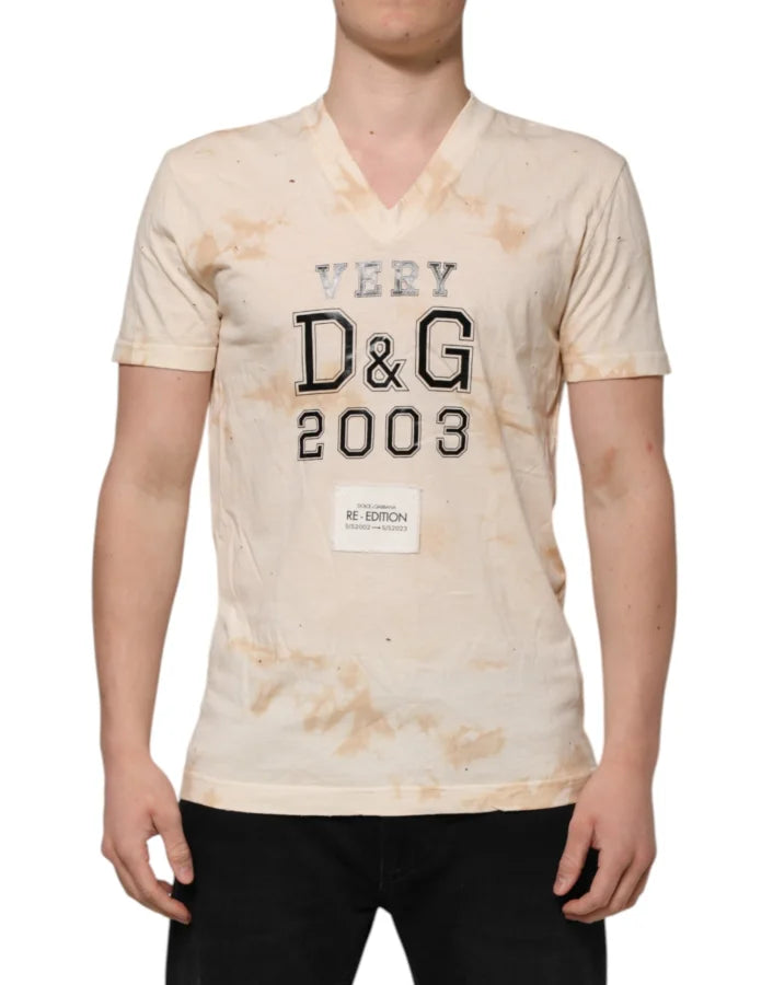 Dolce & Gabbana Beige Logo Print Short Sleeve V-neck T-shirt
