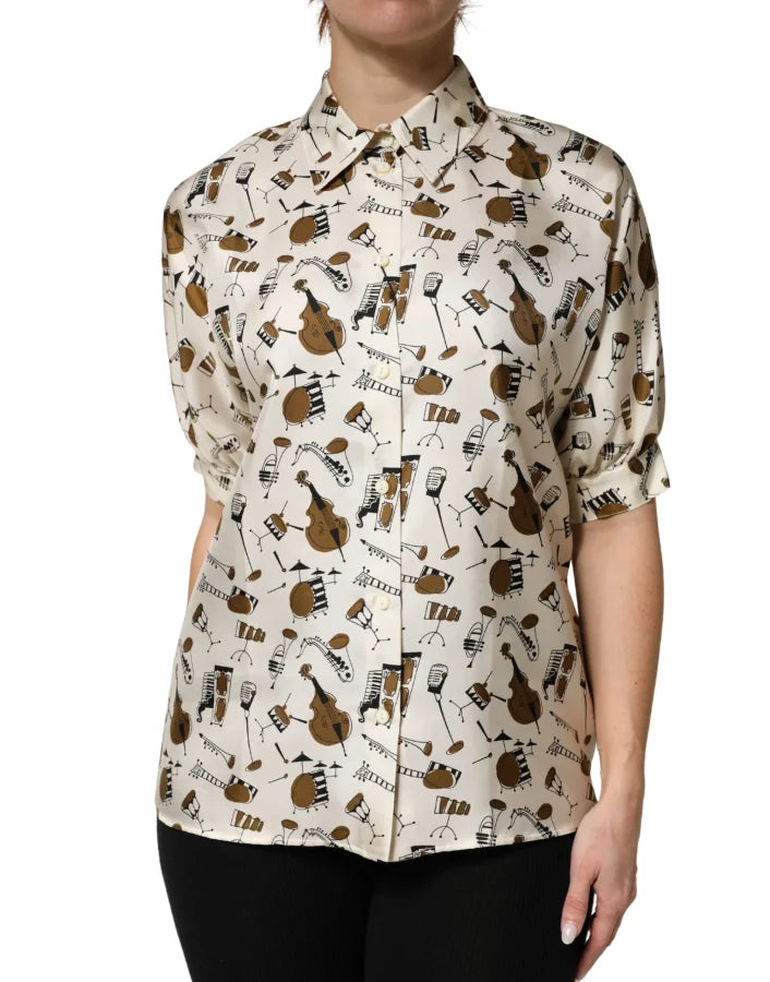 Dolce &amp; Gabbana Beige Musical Instrument Print Short Sleeve Top