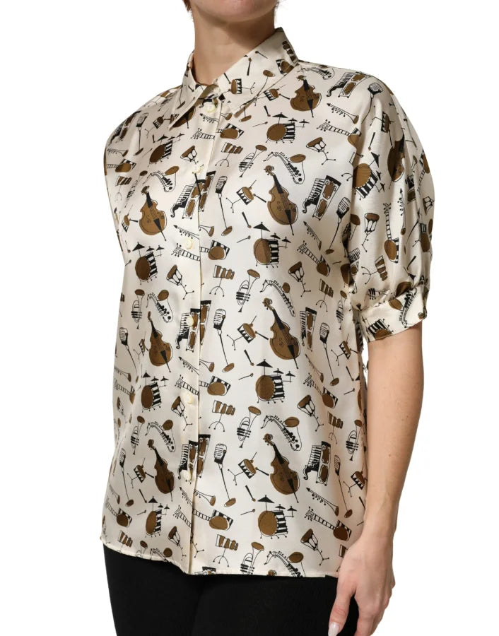 Dolce &amp; Gabbana Beige Musical Instrument Print Short Sleeve Top