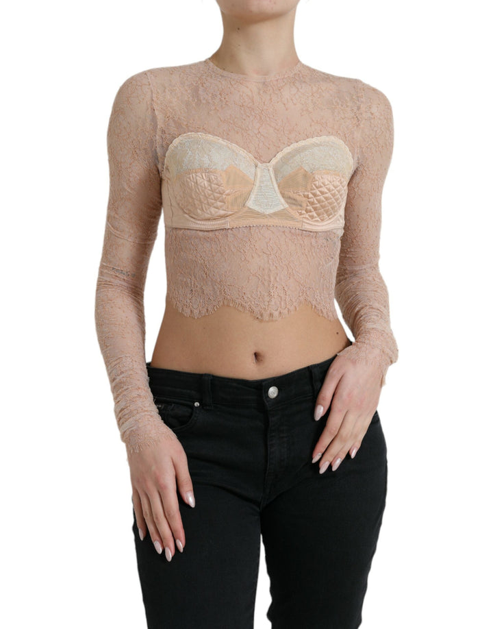 Dolce &amp; Gabbana - Beige Nylon Floral Lace Bustier Cropped Top