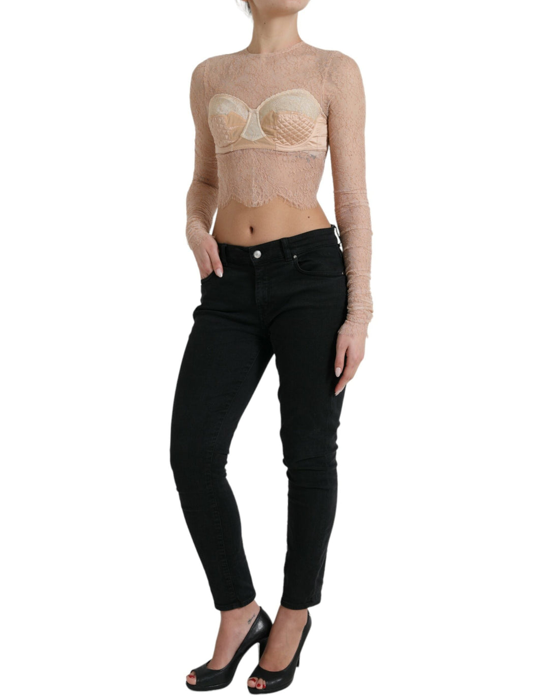 Dolce &amp; Gabbana - Beige Nylon Floral Lace Bustier Cropped Top