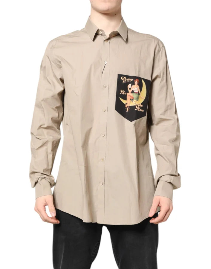 Dolce & Gabbana Beige Pin Up Print MARTINI Men Casual Shirt