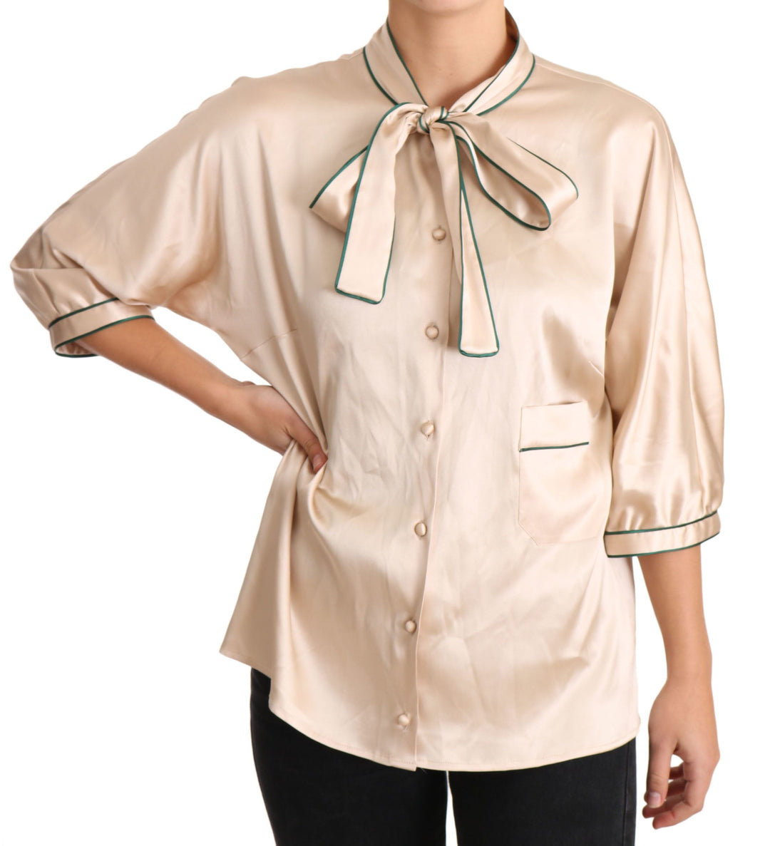 Dolce &amp; Gabbana - Beige Ribbon Silk Stretch Top Blouse
