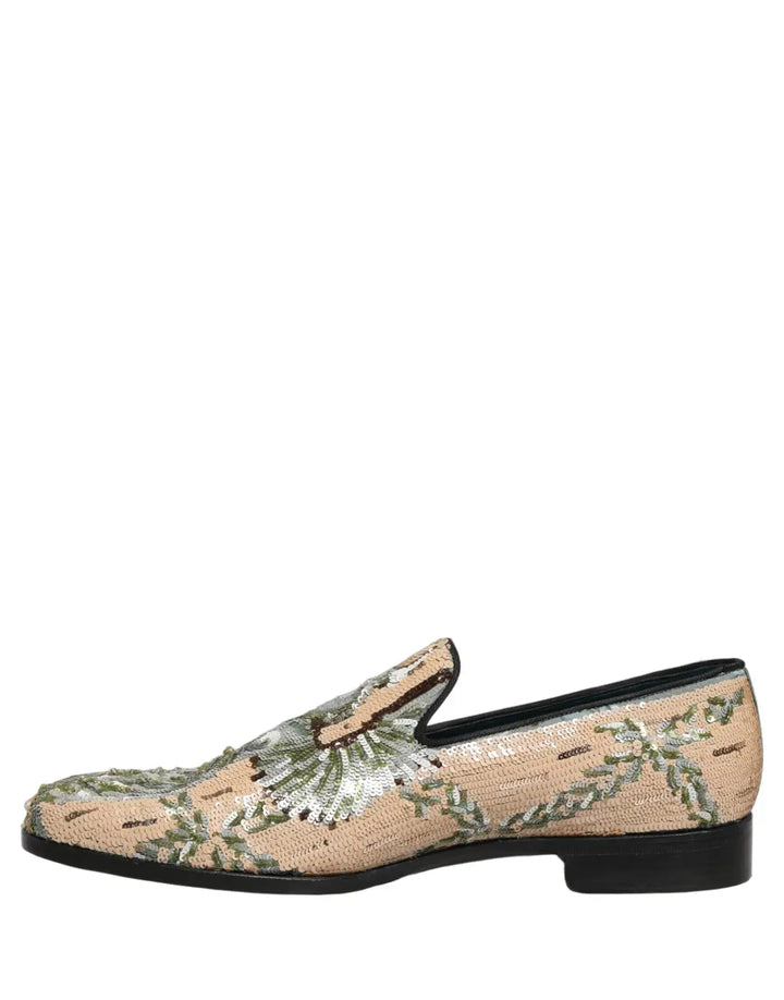 Dolce &amp; Gabbana Beige Sequin Embroidery Dress Loafers Shoes