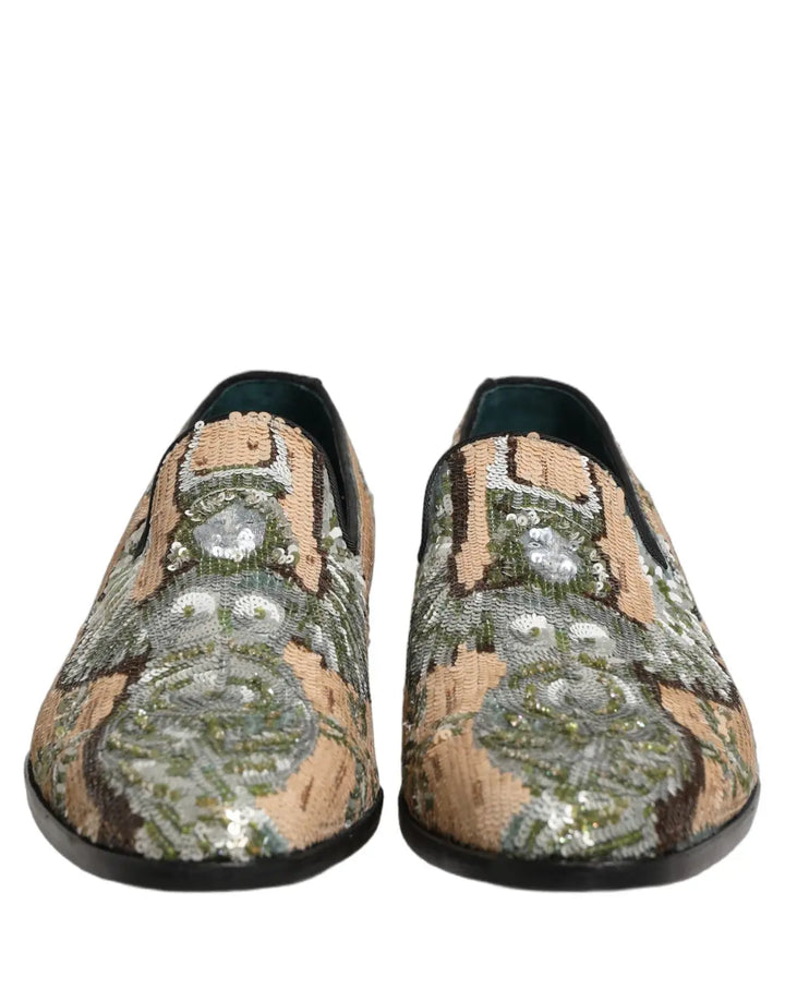 Dolce &amp; Gabbana Beige Sequin Embroidery Dress Loafers Shoes