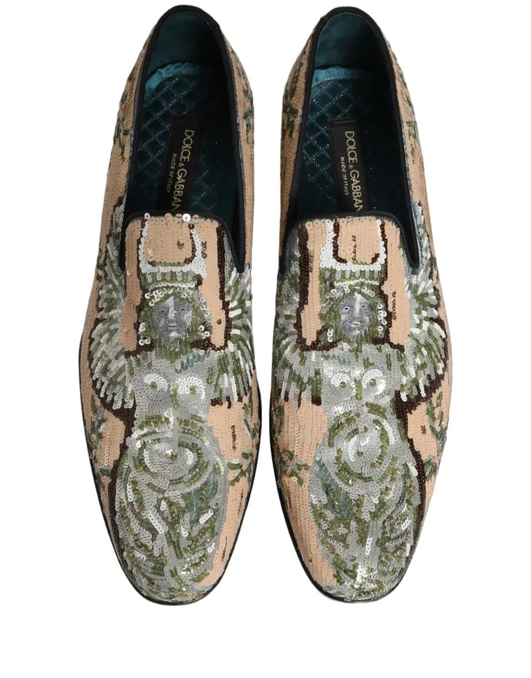 Dolce &amp; Gabbana Beige Sequin Embroidery Dress Loafers Shoes