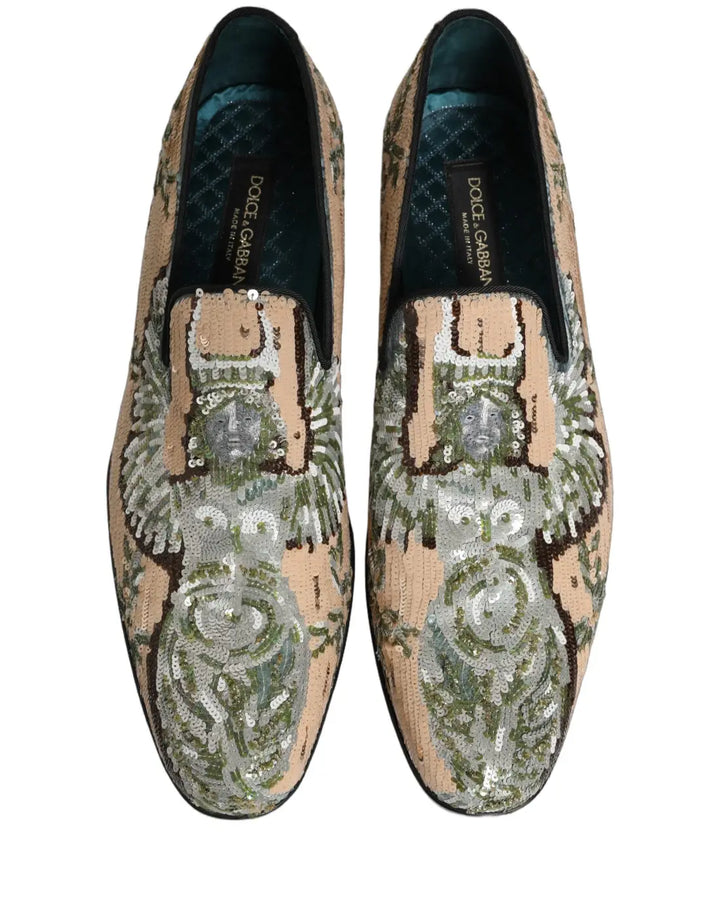 Dolce &amp; Gabbana Beige Sequin Embroidery Dress Loafers Shoes