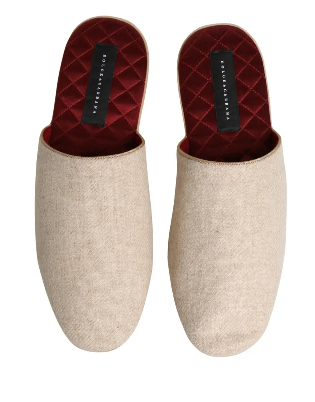 Dolce &amp; Gabbana Beige Shetland Wool Red Quilted Slippers Shoes