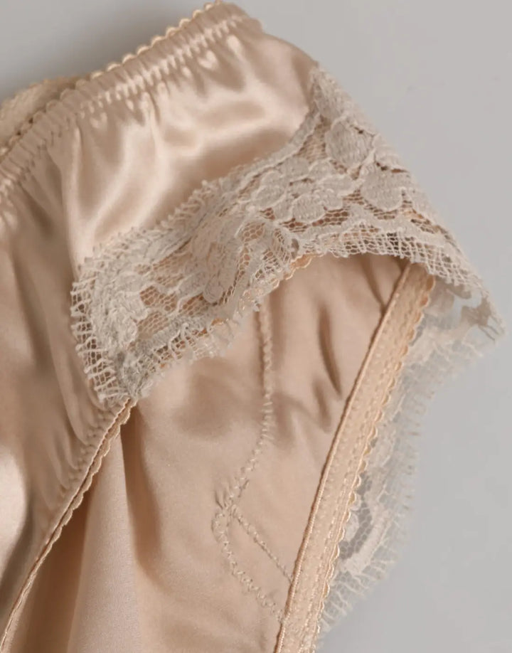 Dolce &amp; Gabbana Beige Silk Satin Floral Lace Panty Brief Underwear