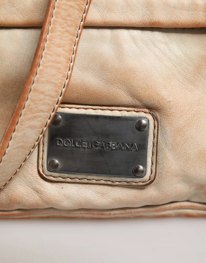Dolce &amp; Gabbana Beige Vintage Leather Logo Plaque Shoulder Borse Men Bag
