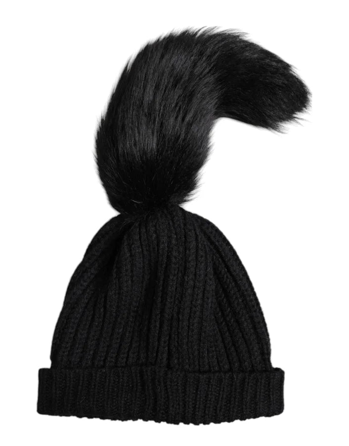 Dolce & Gabbana Black Acrylic Knitted Fur Winter Beanie Hat
