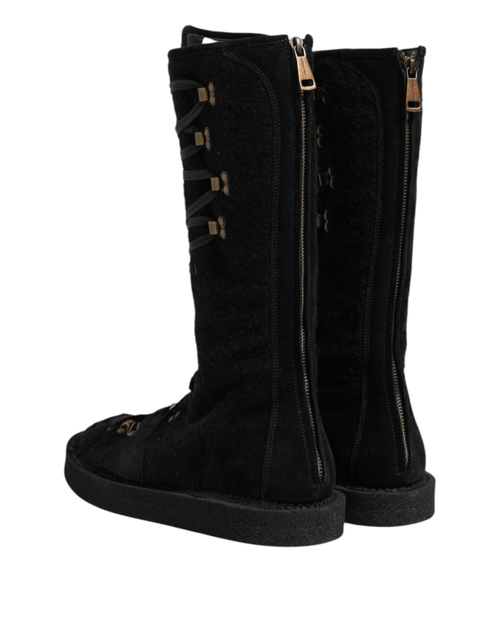 Dolce &amp; Gabbana Black Alpaca Wool Suede Mid Calf Boots Shoes