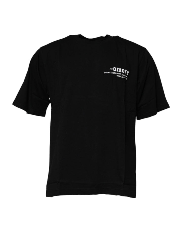 Dolce &amp; Gabbana Black Amore Leopard Cotton Crew Neck T-shirt
