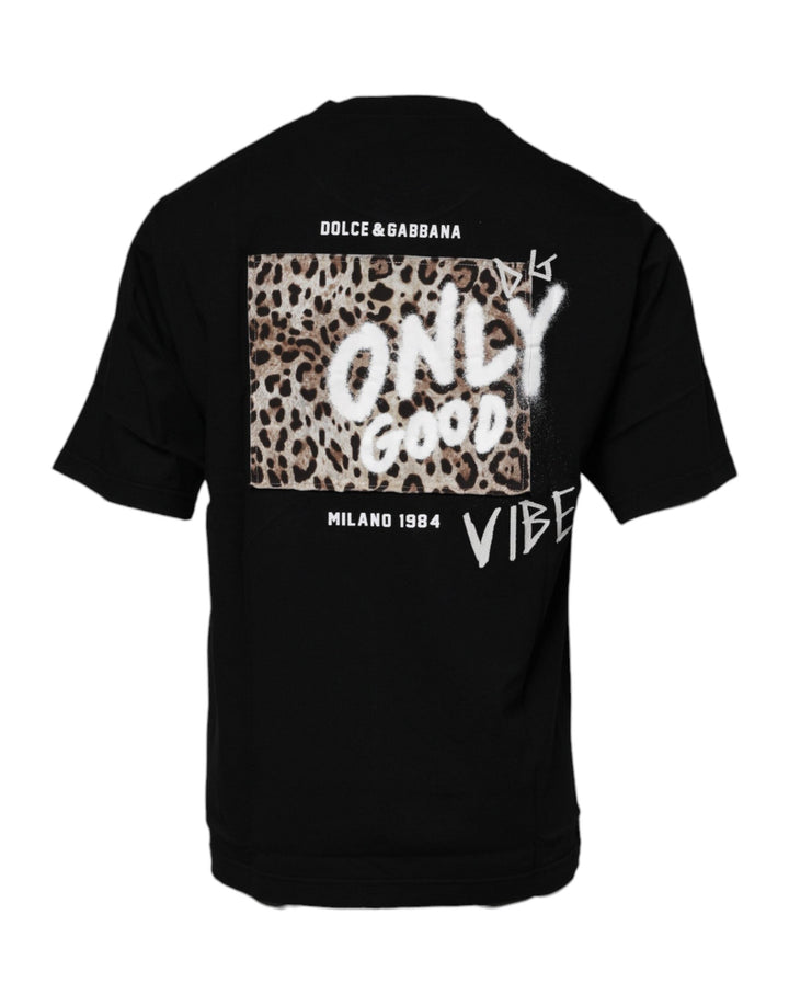 Dolce &amp; Gabbana Black Amore Leopard Cotton Crew Neck T-shirt