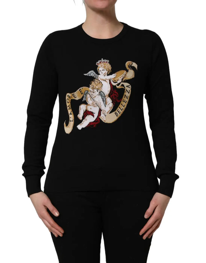Dolce &amp; Gabbana Black Angels Wool Crew Neck Pullover Sweater