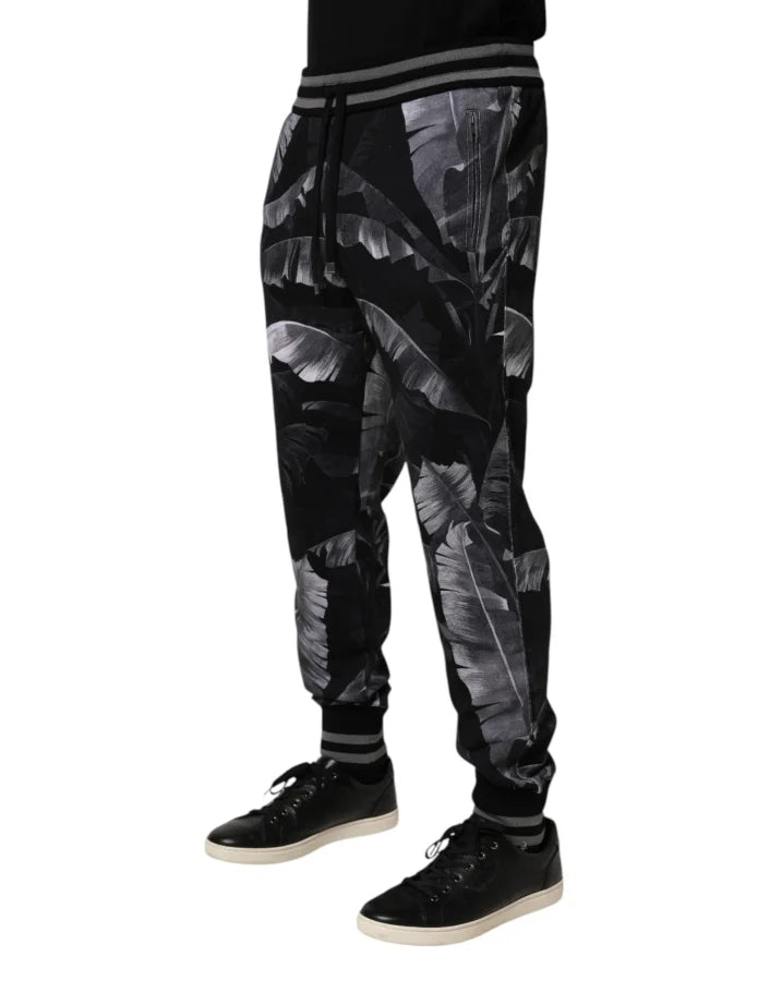 Dolce & Gabbana Black Banana Leaf Cotton Jogger Trouser Pants