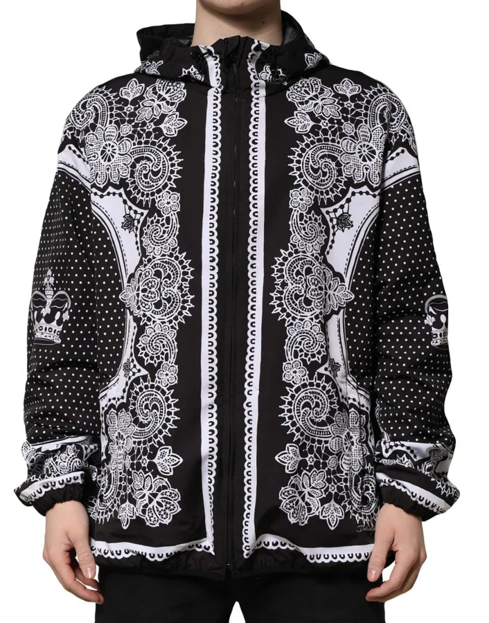 Dolce & Gabbana Black Bandana Print Hooded Bomber Jacket