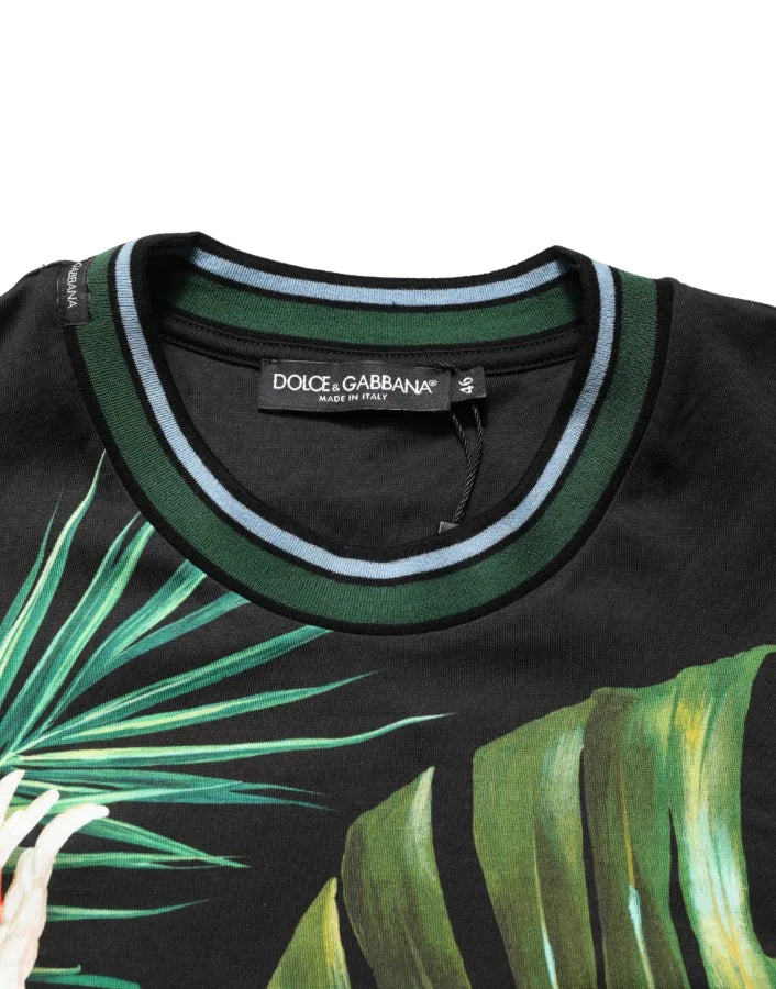 Dolce &amp; Gabbana Black Bird Print Cotton Men Crew Neck T-shirt