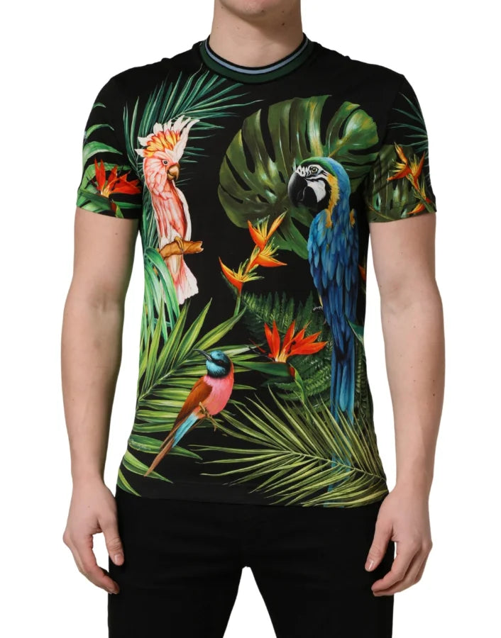 Dolce &amp; Gabbana Black Bird Print Cotton Men Crew Neck T-shirt