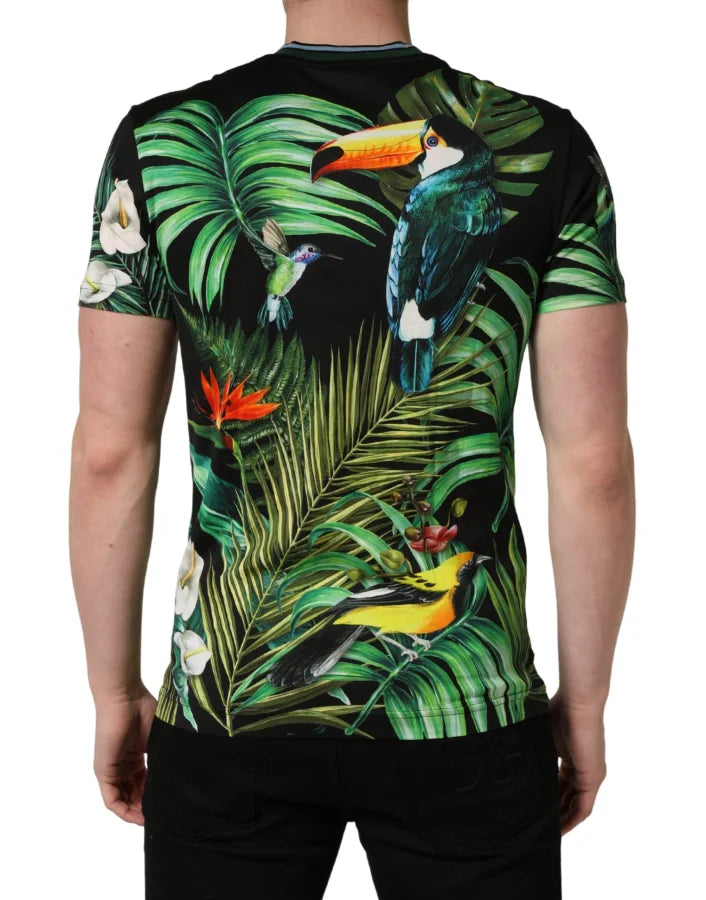 Dolce &amp; Gabbana Black Bird Print Cotton Men Crew Neck T-shirt