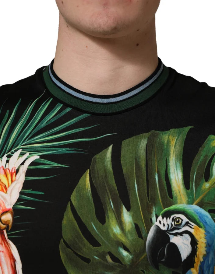 Dolce &amp; Gabbana Black Bird Print Cotton Men Crew Neck T-shirt