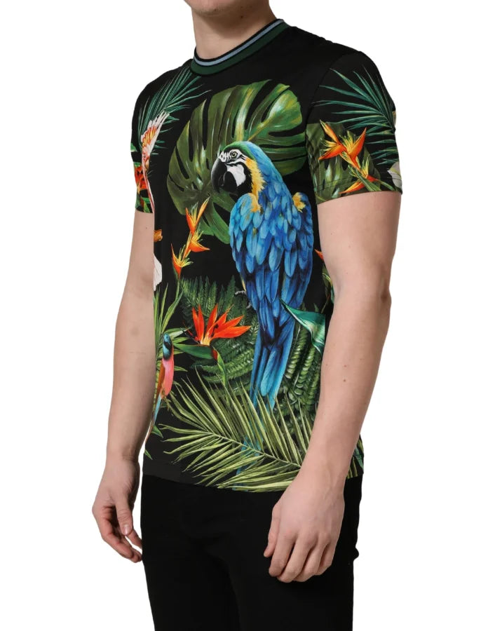 Dolce &amp; Gabbana Black Bird Print Cotton Men Crew Neck T-shirt