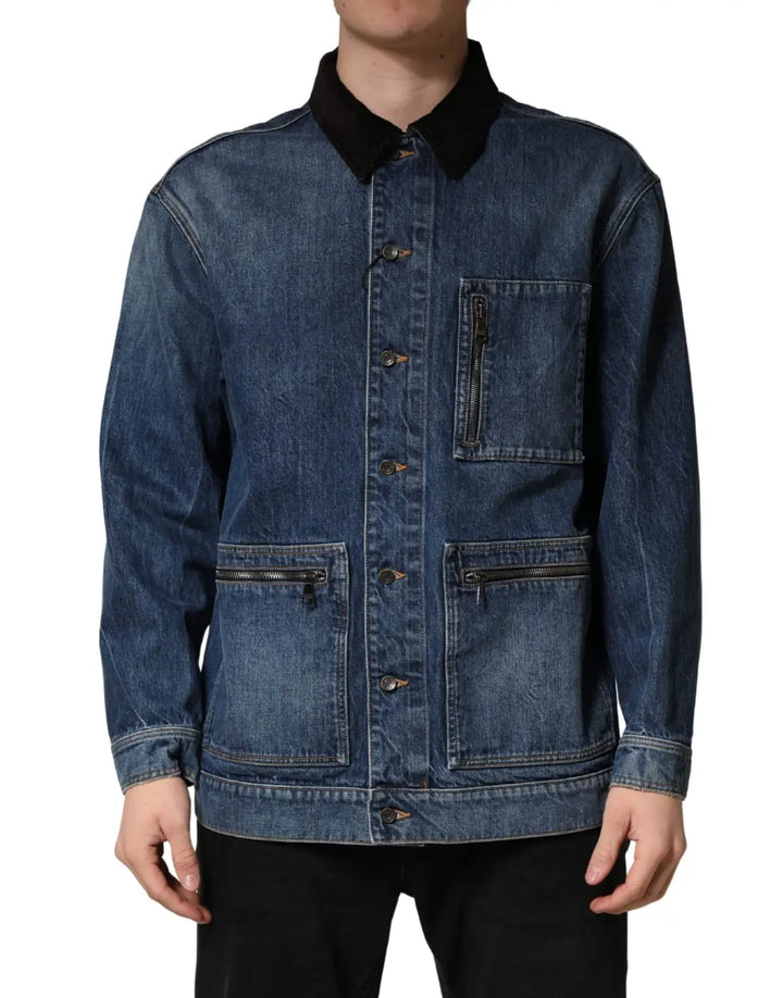 Dolce &amp; Gabbana Black Blue Cotton Denim Blouson Men Jacket