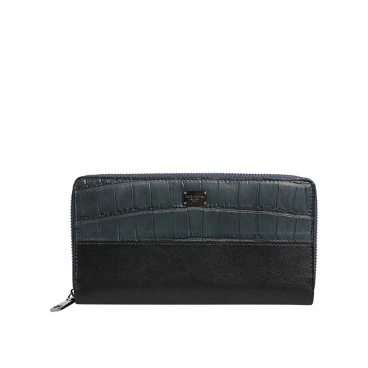 Dolce & Gabbana Black Blue Exotic Leather Zip Wallet Luxury Style