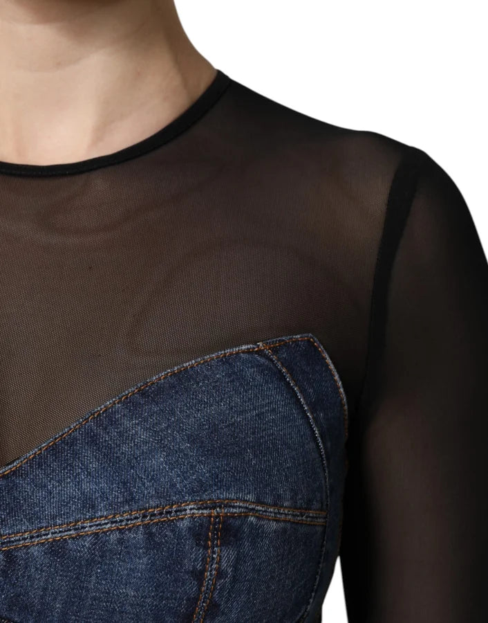Dolce & Gabbana Black Blue Long Sleeves Denim Mini Dress
