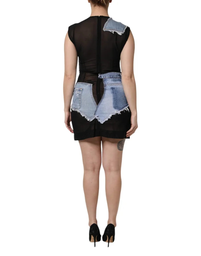 Dolce & Gabbana Black Blue Sleeveless Denim Mini Dress