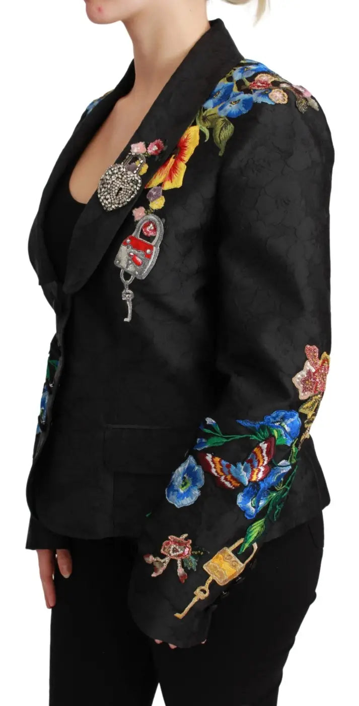 Dolce &amp; Gabbana Black Brocade Crystal Blazer Jacket