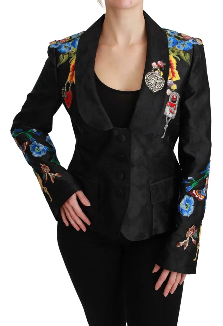 Dolce &amp; Gabbana Black Brocade Crystal Blazer Jacket