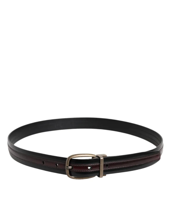 Dolce &amp; Gabbana Black Burgundy Calfskin Metal Logo Buckle Belt
