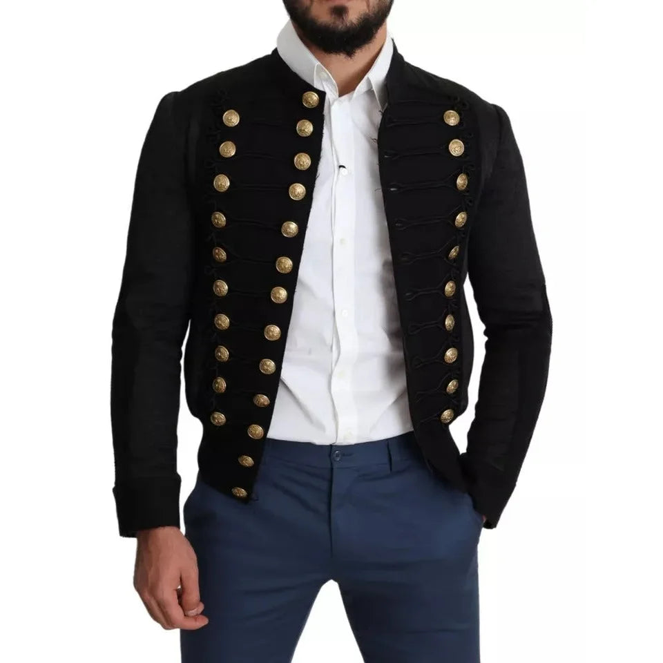 Dolce Gabbana Black Button Embellished Cotton Bomber Jacket &