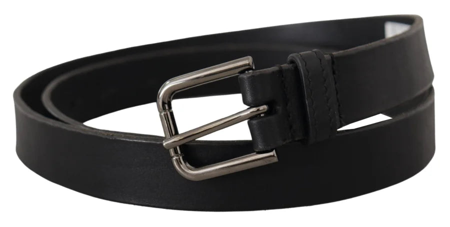Dolce & Gabbana Black Calf Leather Logo Engraved Metal Buckle Belt