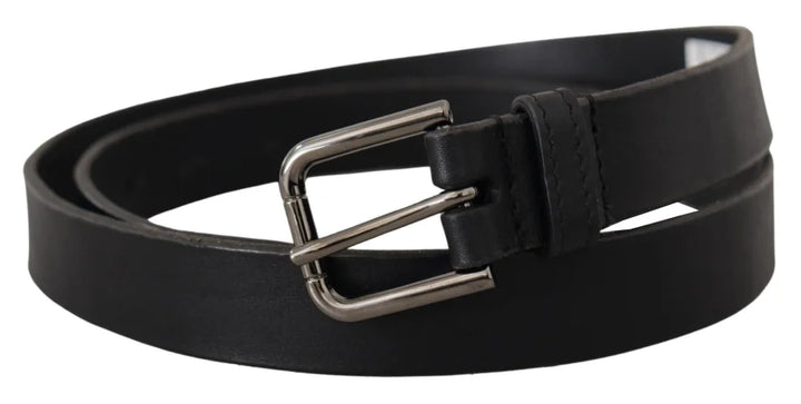 Dolce & Gabbana Black Calf Leather Logo Engraved Metal Buckle Belt