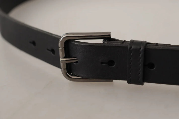 Dolce & Gabbana Black Calf Leather Logo Engraved Metal Buckle Belt