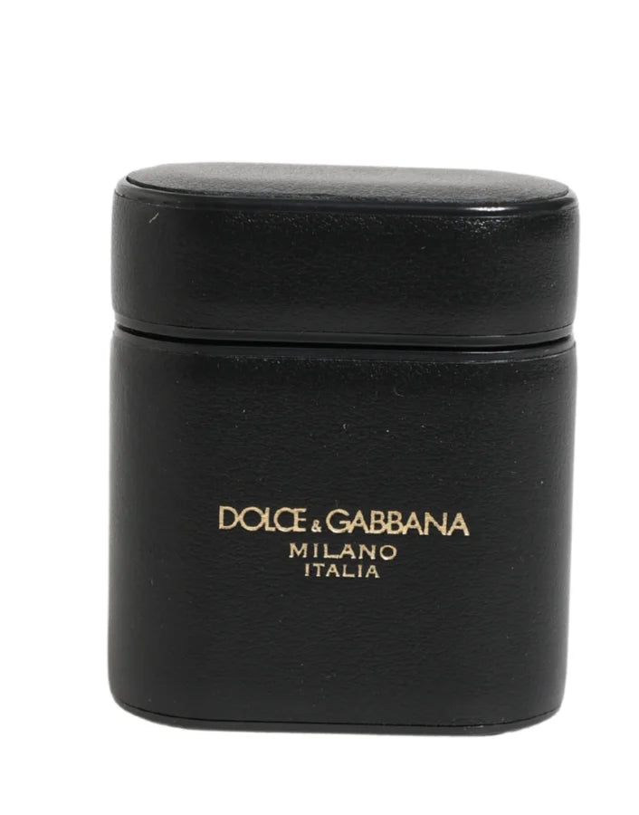 Dolce & Gabbana Black Calf Leather Logo Print Flip Holder Airpods Case