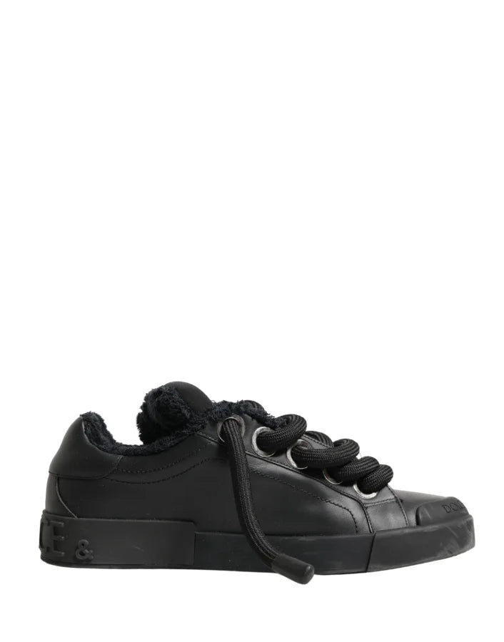 Dolce & Gabbana Black Calf Leather Nappa Lace-Up Sneakers Shoes