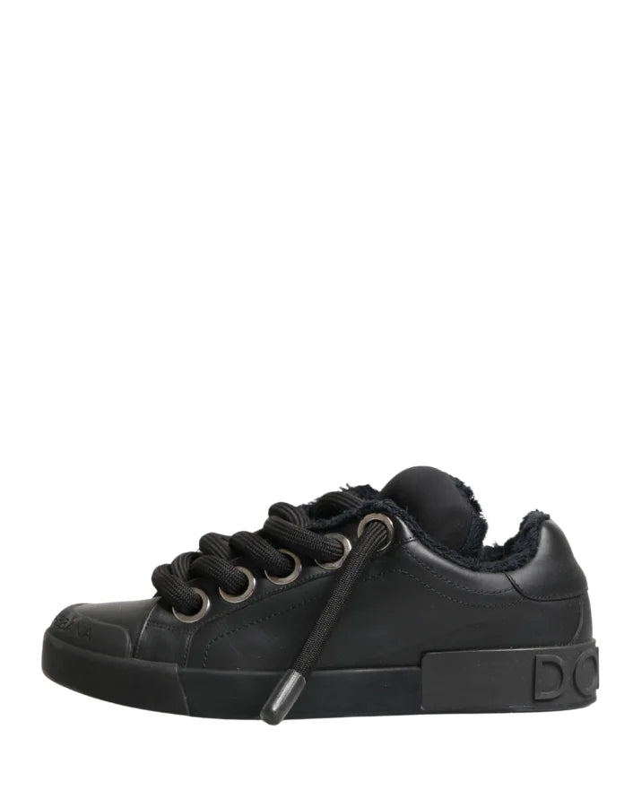 Dolce & Gabbana Black Calf Leather Nappa Lace-Up Sneakers Shoes