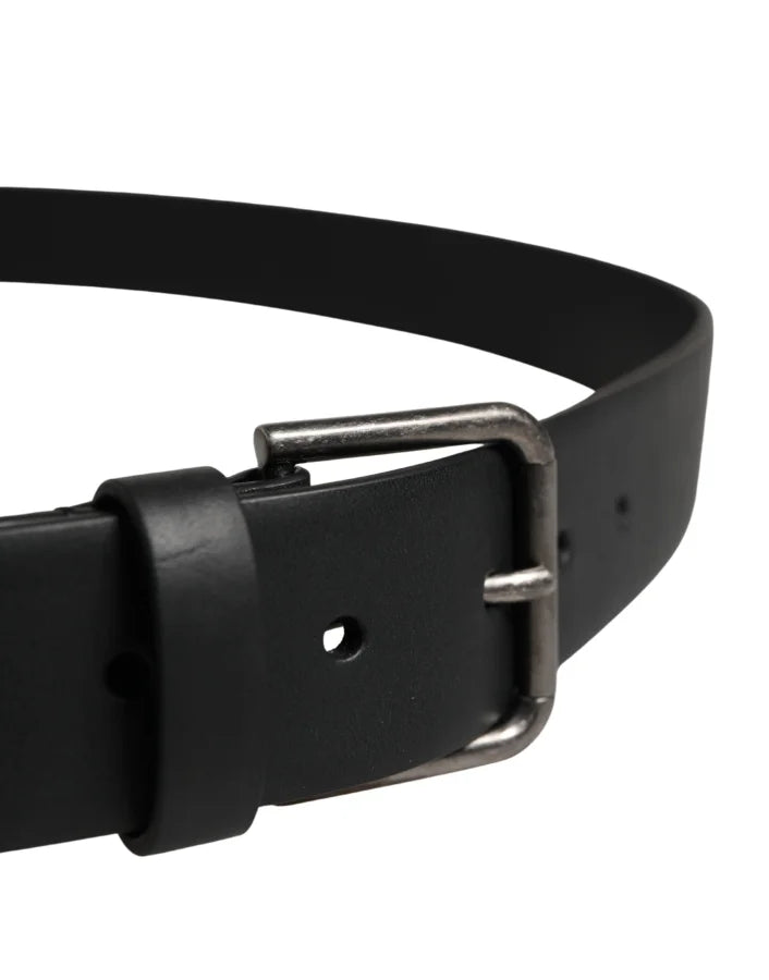 Dolce &amp; Gabbana Black Calf Leather Silver Metal Buckle Belt