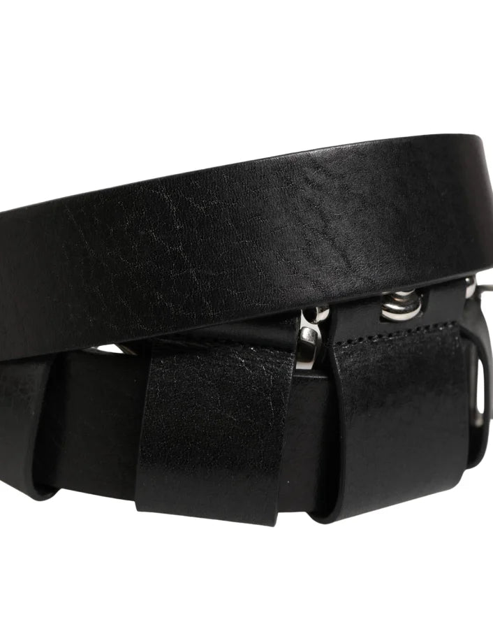 Dolce & Gabbana Black Calf Leather Silver Metal Buckle Belt