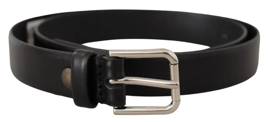 Dolce & Gabbana Black Calf Leather Silver Tone Logo Buckle Belt