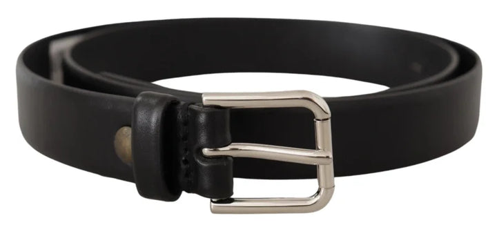 Dolce & Gabbana Black Calf Leather Silver Tone Logo Buckle Belt