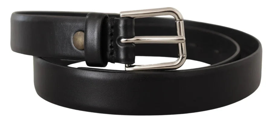 Dolce & Gabbana Black Calf Leather Silver Tone Logo Buckle Belt
