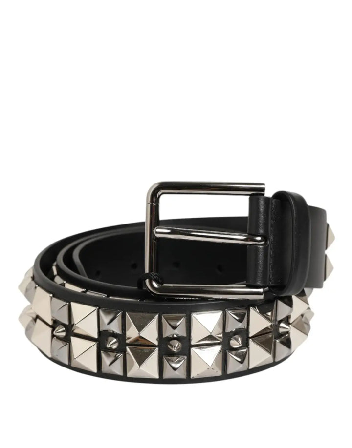 Dolce &amp; Gabbana Black Calf Leather Studded Silver Buckle Belt