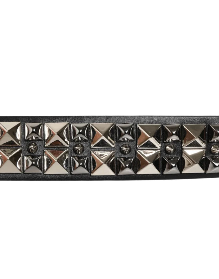 Dolce & Gabbana Black Calf Leather Studded Silver Buckle Belt