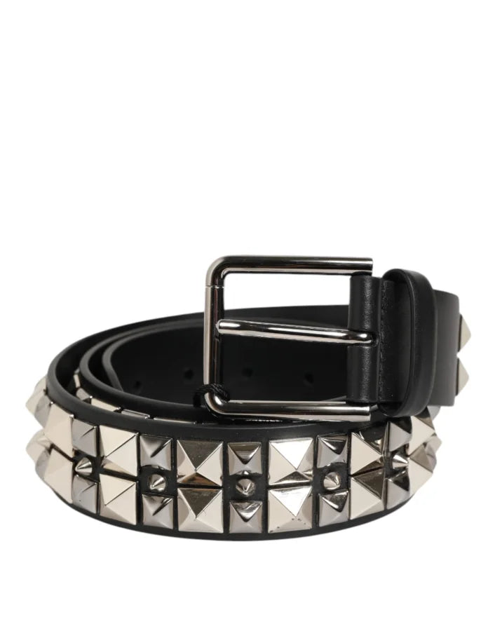 Dolce & Gabbana Black Calf Leather Studded Silver Buckle Belt