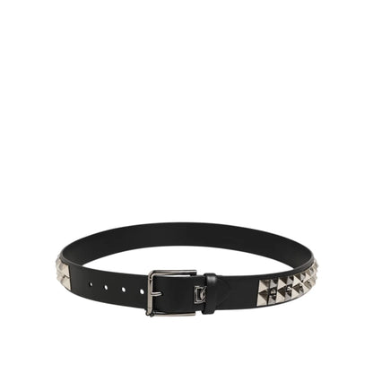 Dolce & Gabbana Black Calf Leather Studded Silver Buckle Belt
