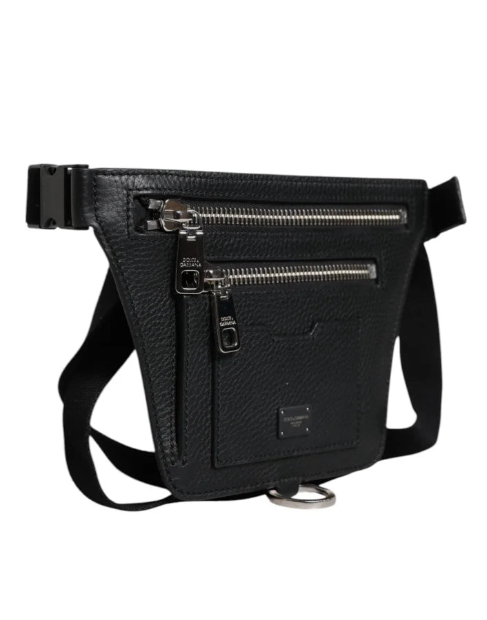 Dolce &amp; Gabbana Black Calfskin Logo Plaque Belt Waist Men Fanny Pack Bag